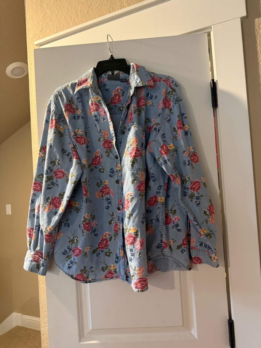 Lizwear Light Blue Floral Button-Down Shirt with Pink Rose Print